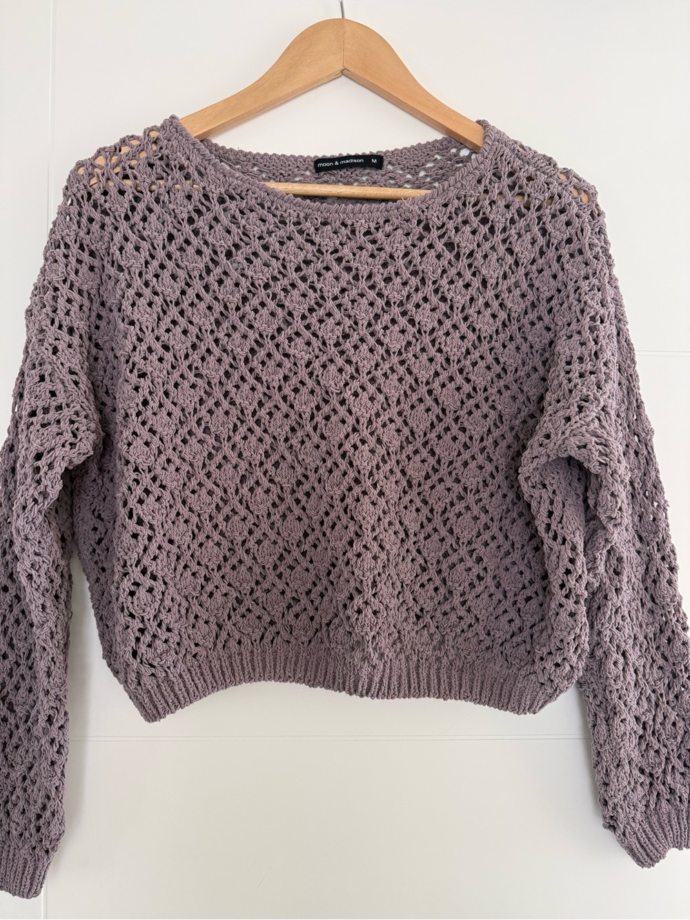 Moon + Madison Mauve Crochet Sweater, size medium.